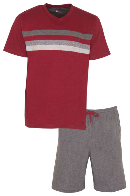Rode heren shortama met V-hals T-shirt met grijze strepen en grijze korte broek. Gemaakt van katoen en polyester.