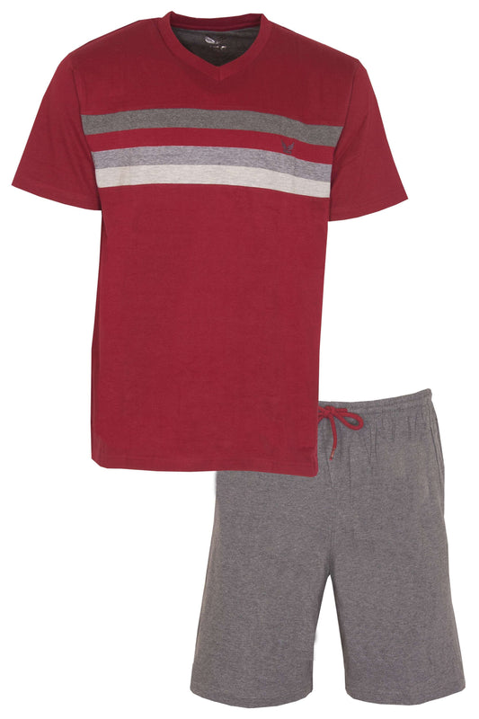 Rode heren shortama met V-hals T-shirt met grijze strepen en grijze korte broek. Gemaakt van katoen en polyester.