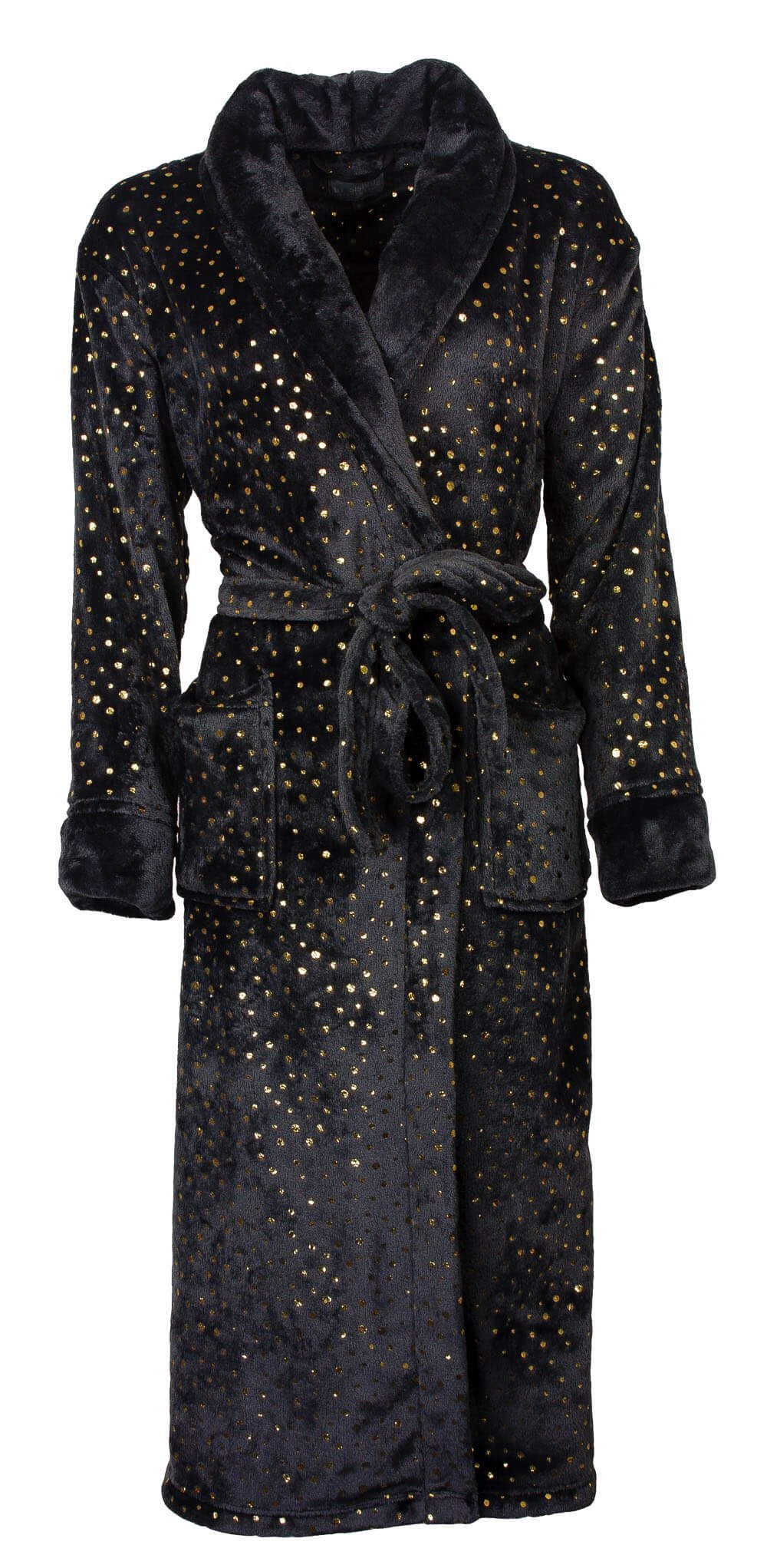 Luxe antraciet grijze fleece badjas met gouden stippen, sjaal-kraag, lange mouwen en ceintuur