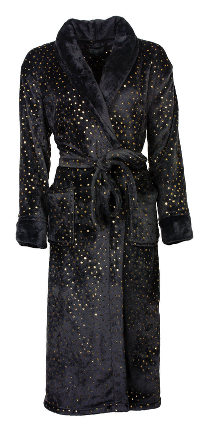 Luxe antraciet grijze fleece badjas met gouden stippen, sjaal-kraag, lange mouwen en ceintuur