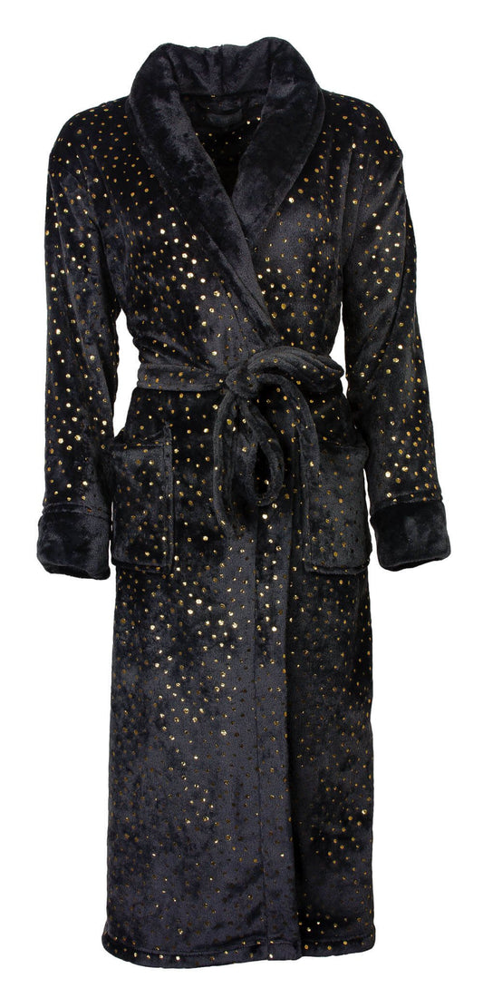 Luxe antraciet grijze fleece badjas met gouden stippen, sjaal-kraag, lange mouwen en ceintuur