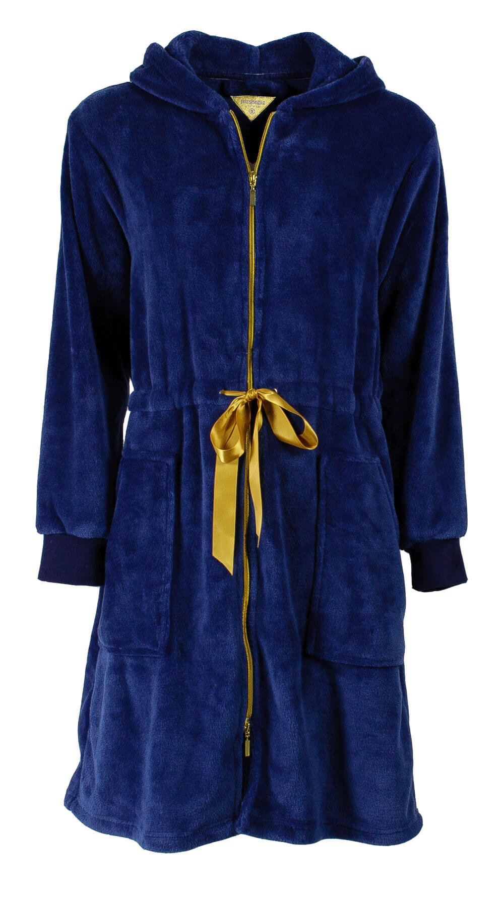 Blauwe fleece badjas met capuchon, goudkleurige rits,antrekkoord, lange mouwen en opgestikte zakken.