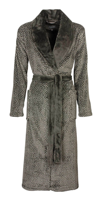 Bruine fleece badjas met witte stippen, sjaalkraag, lange mouwen, ceintuur en opgestikte zakken.