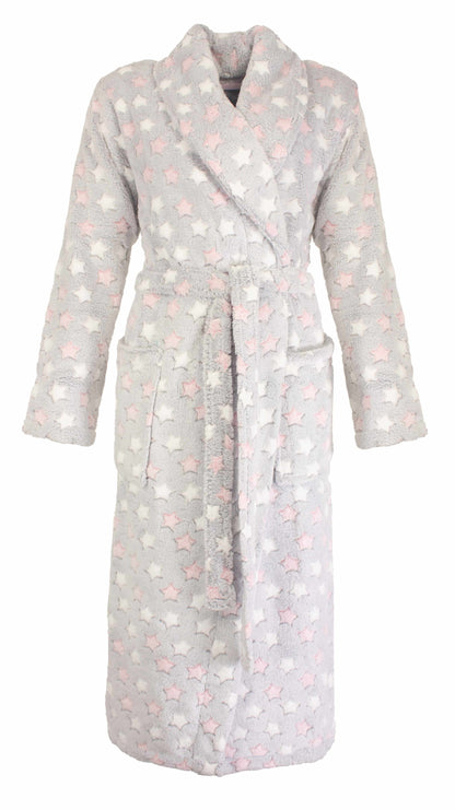 Grijze fleece badjas met witte en roze sterren, sjaalkraag en ceintuur, lang model met zakken