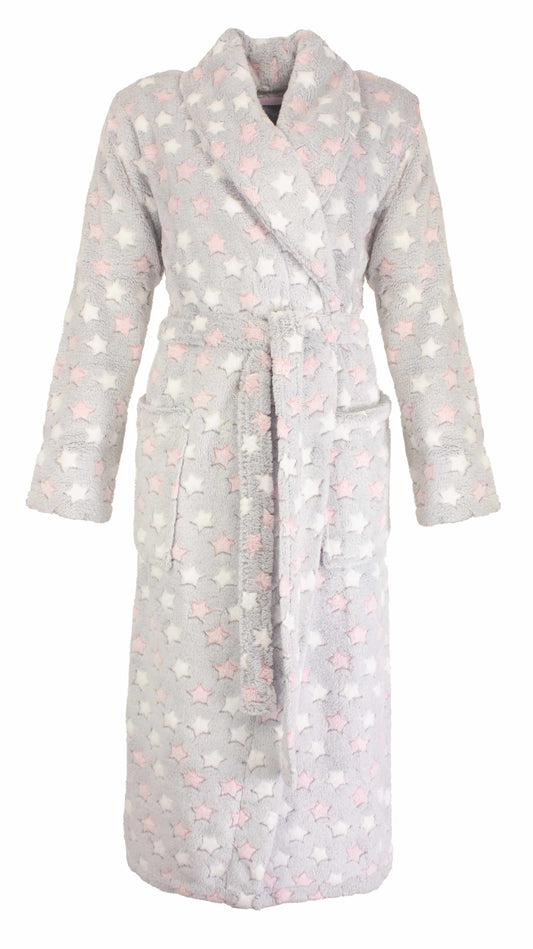 Grijze fleece badjas met witte en roze sterren, sjaalkraag en ceintuur, lang model met zakken