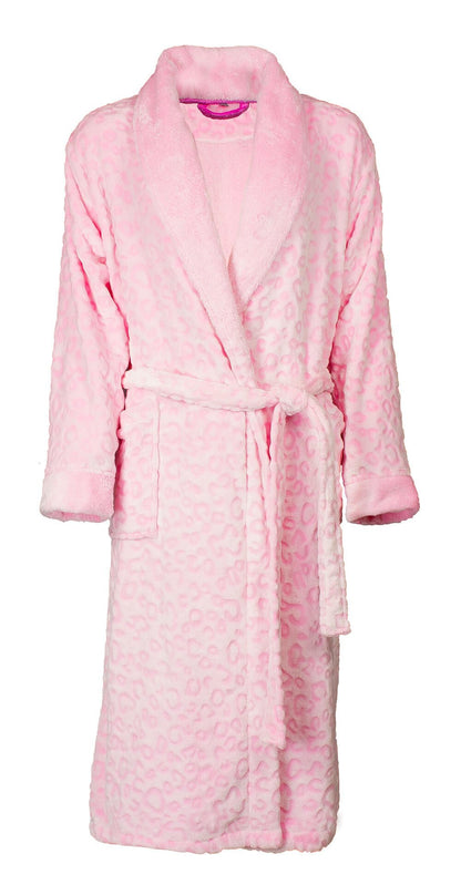 Zachte roze fleece badjas voor dames met sjaalkraag, lange mouwen, opgestikte zakken en ceintuur sluiting.