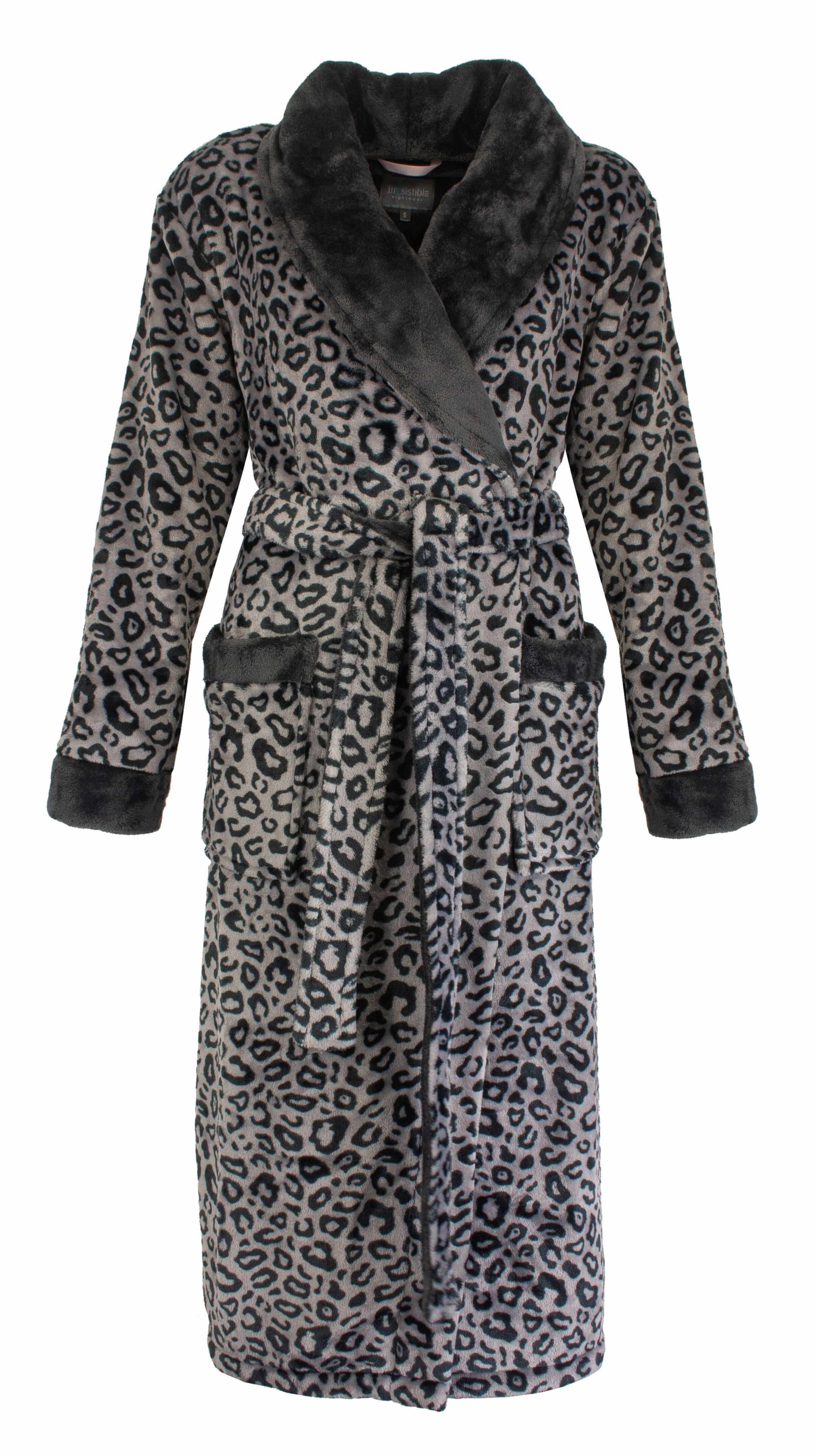 Grijze fleece badjas met tijgerprint, lange mouwen, sjaalrevers en ceintuur. Luxueuze uitstraling en zacht materiaal.