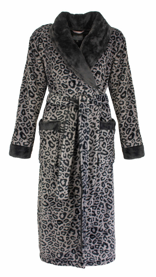 Grijze fleece badjas met tijgerprint, lange mouwen, sjaalrevers en ceintuur. Luxueuze uitstraling en zacht materiaal.