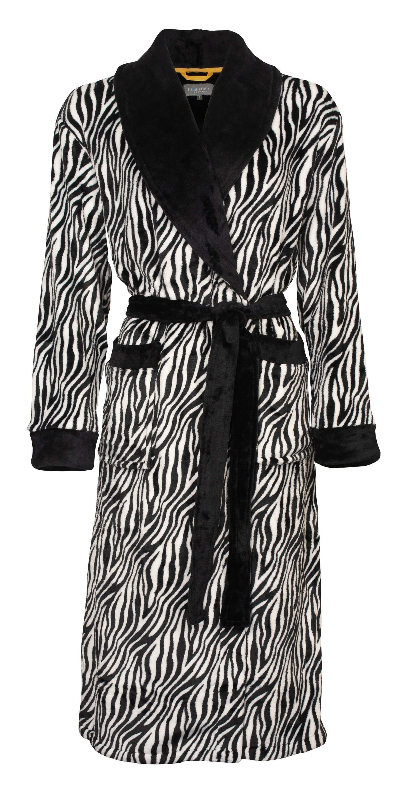 Luxe dameart-wit zebraprint, zwarte kraag en ceintuur, gemaakt van zachte fleece voor ultiem comfort.