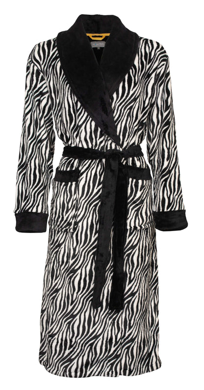 Luxe dameart-wit zebraprint, zwarte kraag en ceintuur, gemaakt van zachte fleece voor ultiem comfort.