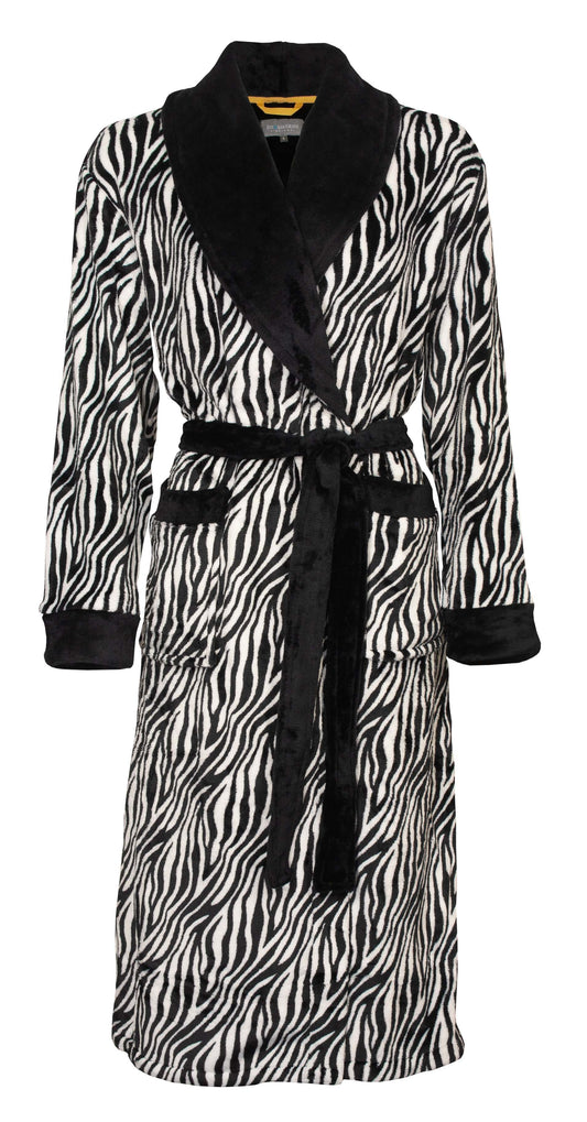 Luxe dameart-wit zebraprint, zwarte kraag en ceintuur, gemaakt van zachte fleece voor ultiem comfort.