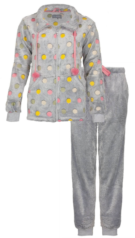 Grijze fleece huispak met kleurrijke stippen en bijpassende broek, voorzien van rits en pluizige pompons.