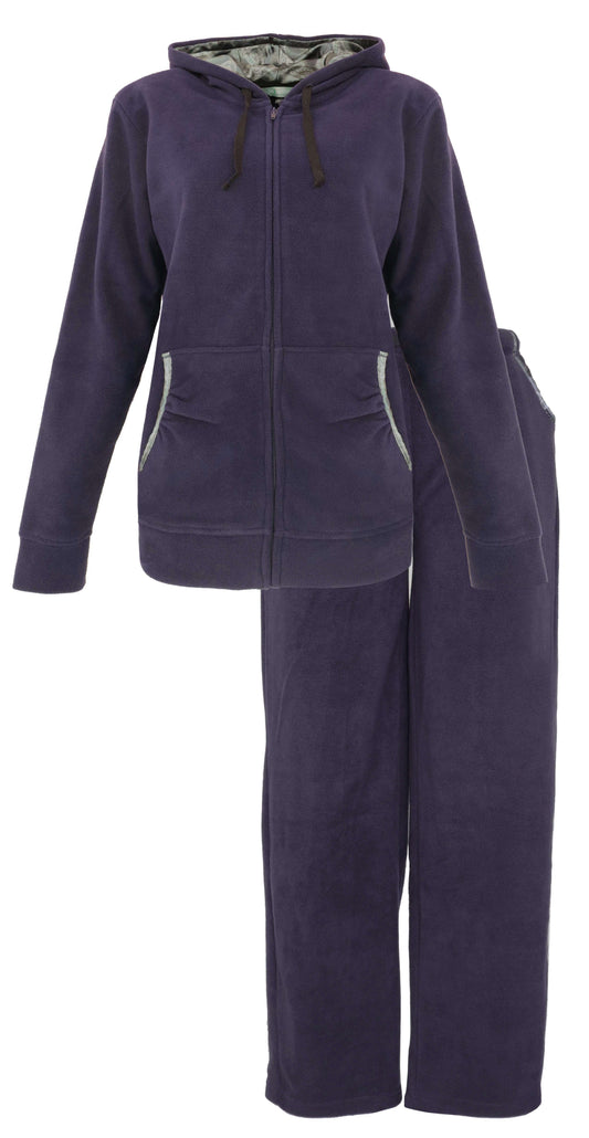 Paars fleece huispak met capuchon, rits en zakken. Bestaat uit een vest en een broek voor dames.