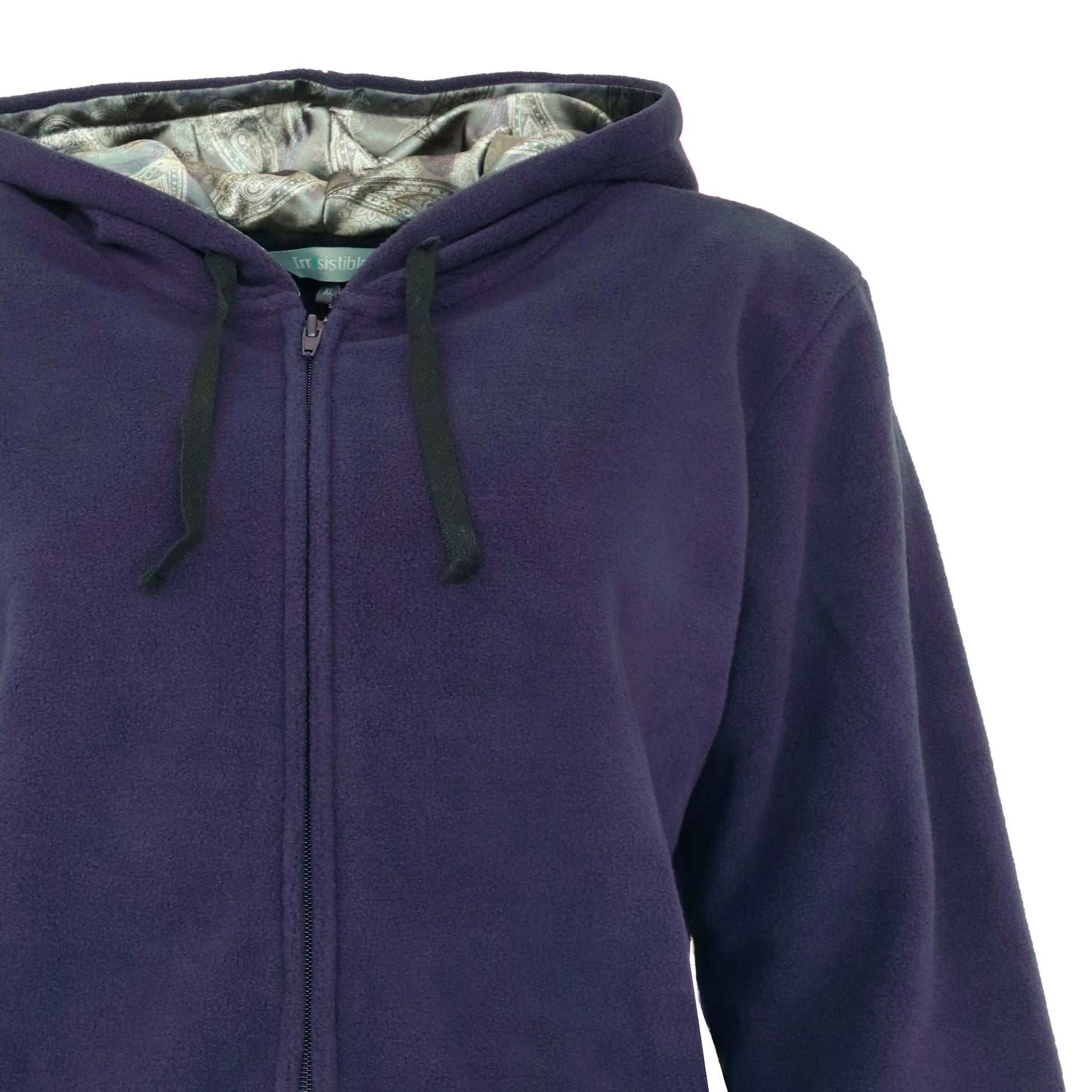 Paarse fleece huispak met capuchon, rits en trekkoorden. De voering heeft een licht patroon.