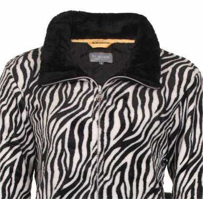 Dames huispak met zebraprint, zwarte kraag en rits. Gemaakt van fleece materiaal voor comfort.
