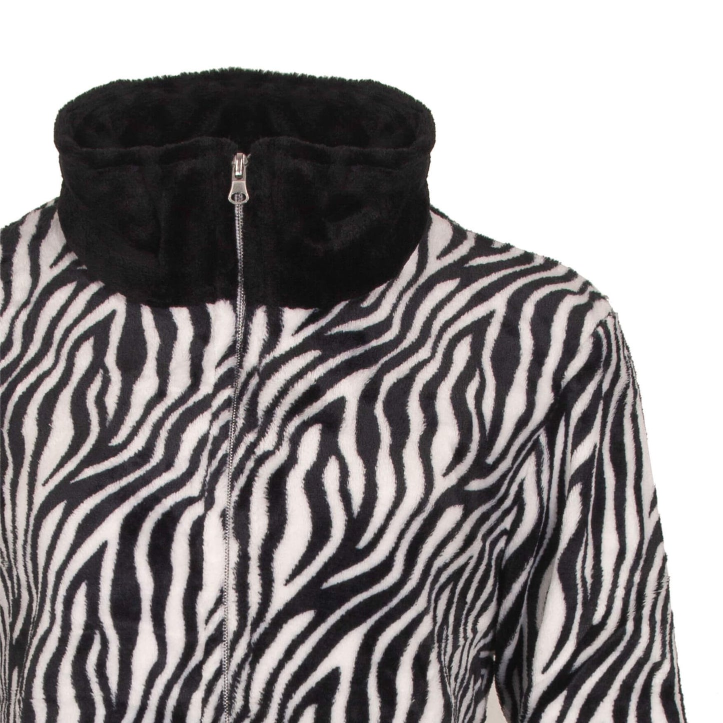 Dames huispak met zebraprint, zwarte hoge kraag en rits, gemaakt van fleece voor extra comfort.