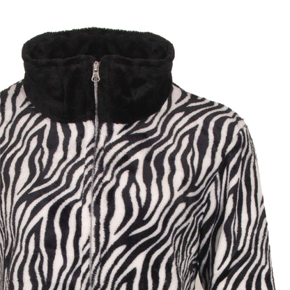 Dames huispak met zebraprint, zwarte hoge kraag en rits, gemaakt van fleece voor extra comfort.