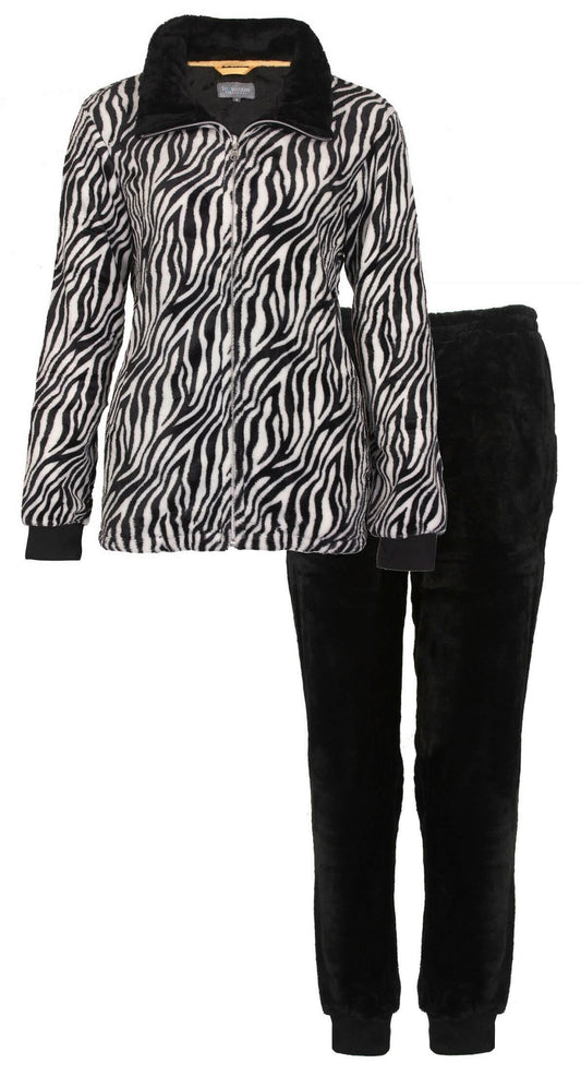 Zwart-wit zebra print fleece huispak met zwarte kraag en bijpassende zwarte broek