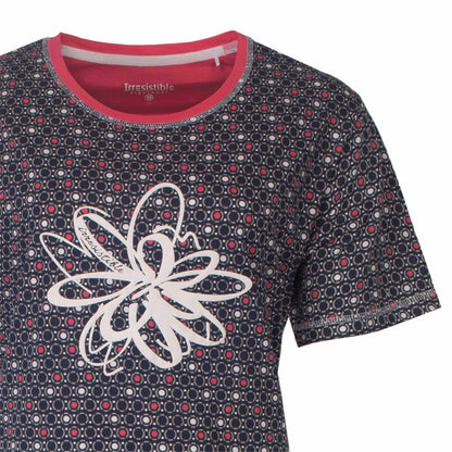 Blauw nachthemd met korte mouwen, bloemmotief, rood rode rand, bedrukt met kleine cirkels