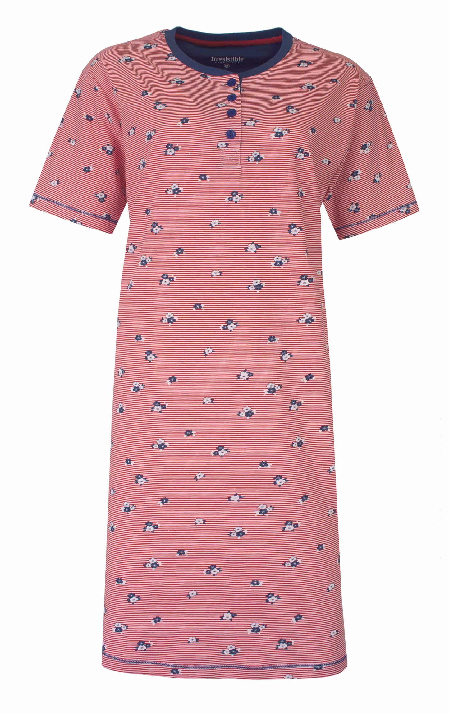 Roze nachthemd met blauwe bloijne strepen en bloemenprint, korte mouwen en knoopsluiting aan de hals