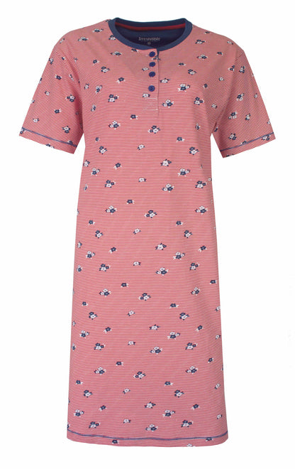 Roze nachthemd met blauwe bloijne strepen en bloemenprint, korte mouwen en knoopsluiting aan de hals