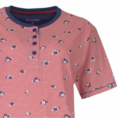 Blauw nachthemd met rode strepen en kleine bloemenprint, henleyhals met knopen en korte mouwen