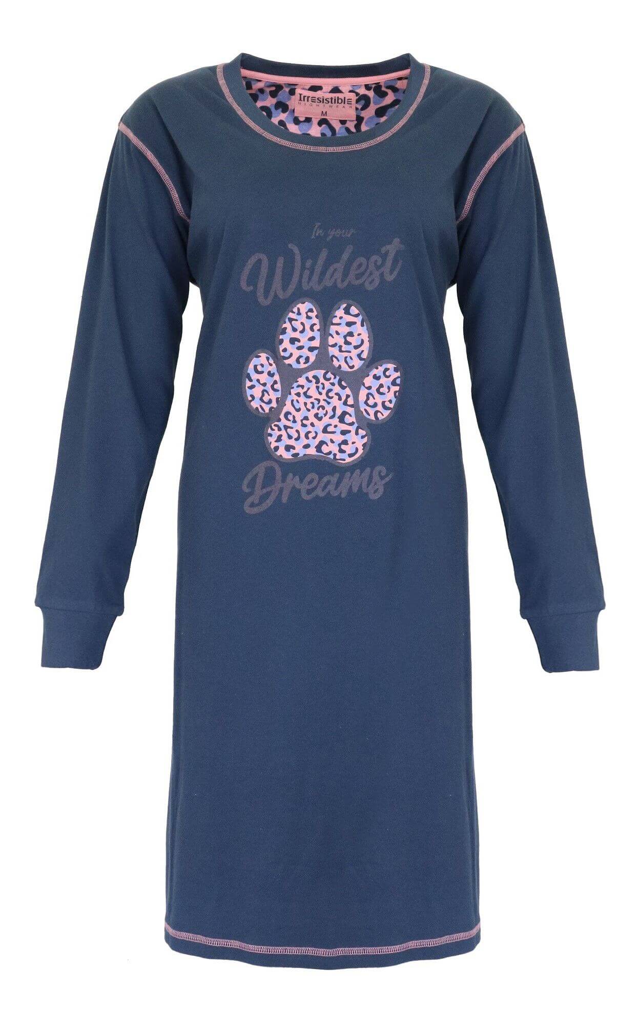 Blauw nachthemd met lange mouwen, roze accenten en opdruk 'In your Wildest Dreams' met dierenpoot motief