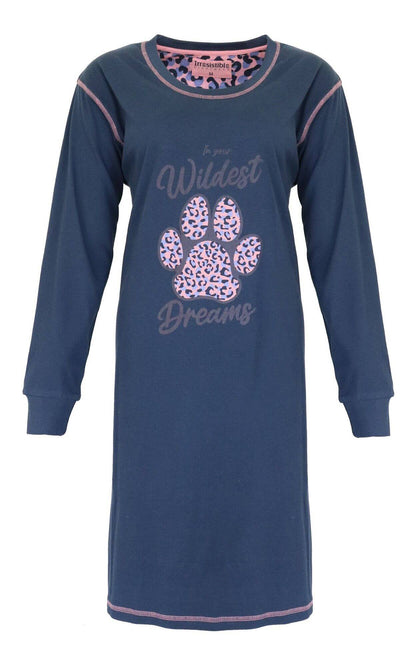 Blauw nachthemd met lange mouwen, roze accenten en opdruk 'In your Wildest Dreams' met dierenpoot motief