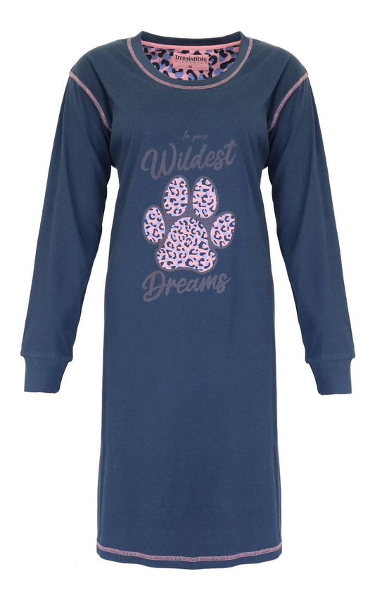 Blauw nachthemd met lange mouwen, roze accenten en opdruk 'In your Wildest Dreams' met dierenpoot motief