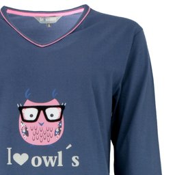 Blauw nachthemd met V-hals en roze bies, lange mouwen. Roze uil met bril print en tekst 'I love owl's'.