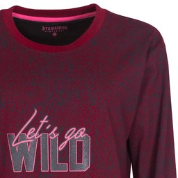 Bordeaux rood nachthemd met ronde hals en 'Let's go wild' opdruk in roze en grijze letters