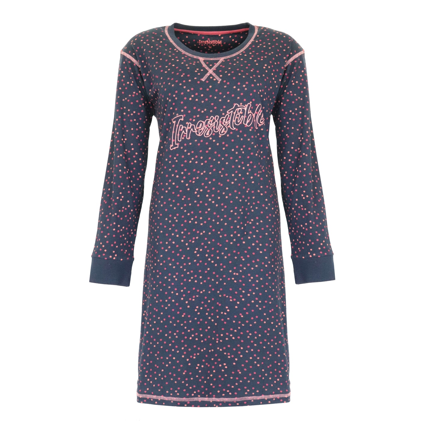 Donkerblauw dames nachthemd met roze stippen en 'Irresistible' opdruk, lange mouwen, ronde hals