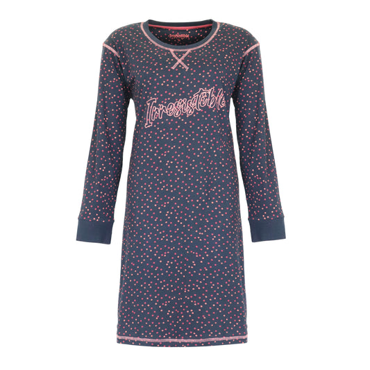Donkerblauw dames nachthemd met roze stippen en 'Irresistible' opdruk, lange mouwen, ronde hals