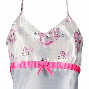 Wit satijnen nachthemd met roze bloemenprint, V-hals, spaghettibandjes en roze strik onder de buste.
