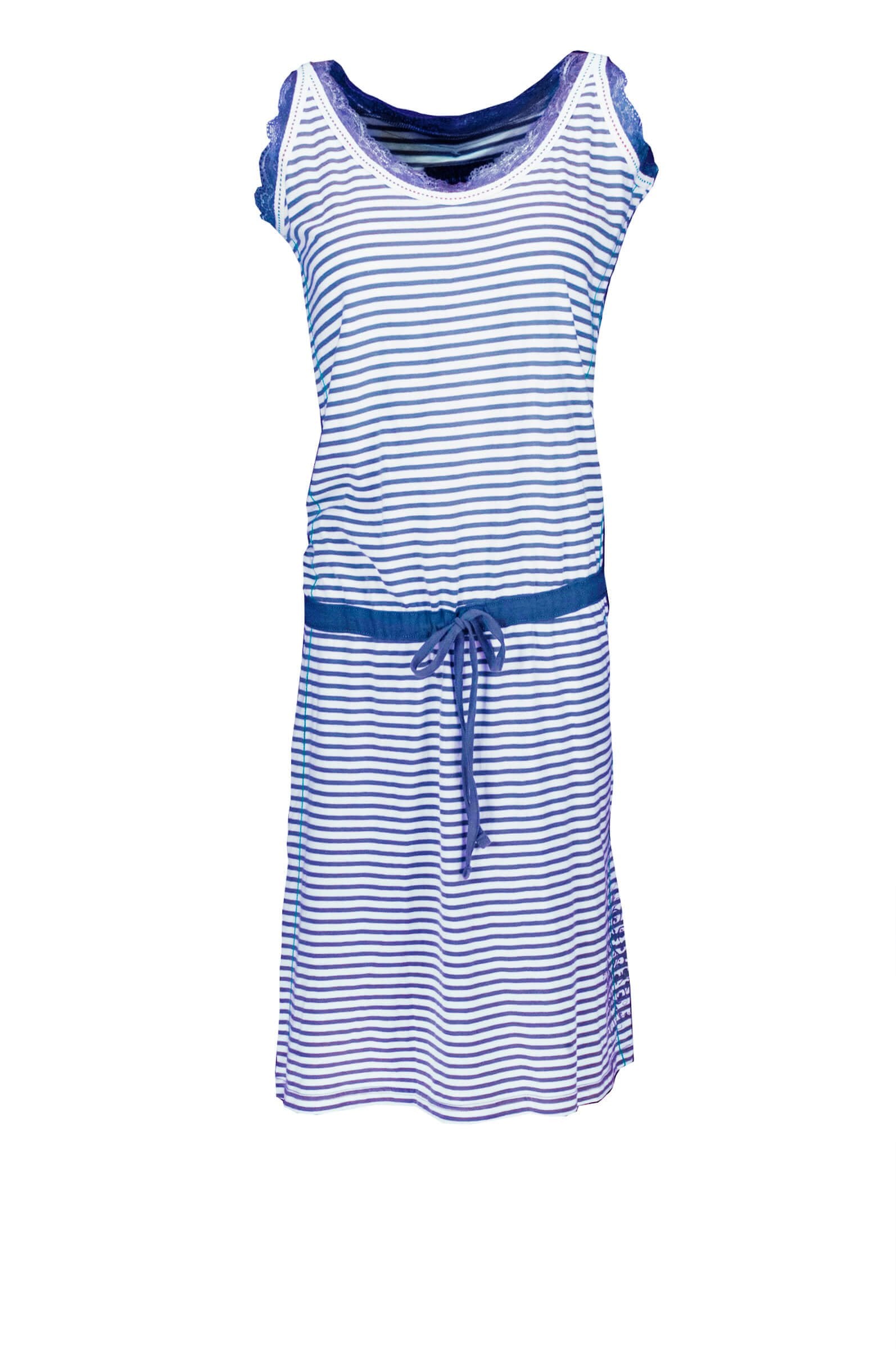 Gestreept blauw-wit dames nachthemd met ronde hals, mouwloos ontwerp en aantrekkoord op heuphoogte.