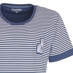 Gestreept blauw-wit dames nachthemd met korte mouwen, ronde hals en klein zebra-applicatie op de borst.