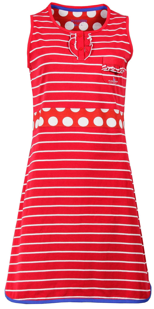 Rood gestreept mouwloos nachthemd met witte stippen, ronde hals, knoopsluiting en borstzakje met ruche