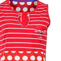 Rood gestreept mouwloos nachthemd met witte stippen aan de taille, ronde hals en knoopsluiting met ruche