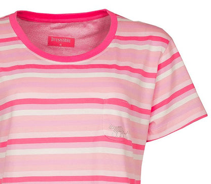 Roze gestreept dames nachthemd met korte mouwen, ronde hals en borstzakje met strass kraaltjes