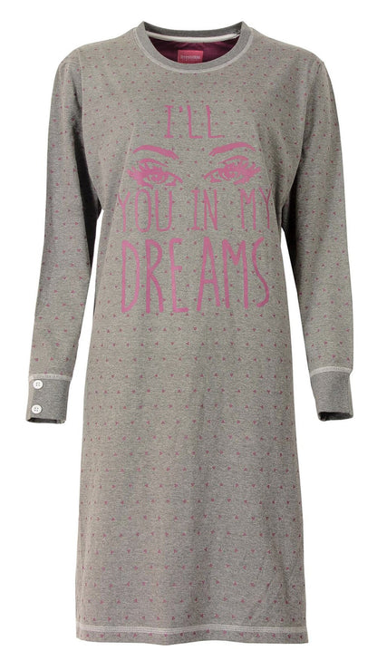 Grijs katoenen nachthemd met roze stippen en 'I'll see you in my dreams' print, lange mouwen en ronde hals