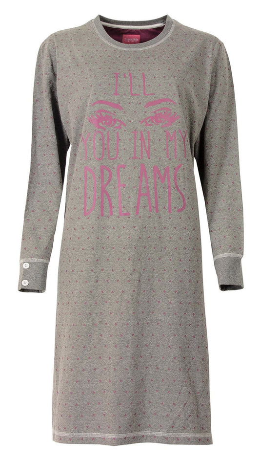 Grijs katoenen nachthemd met roze stippen en 'I'll see you in my dreams' print, lange mouwen en ronde hals