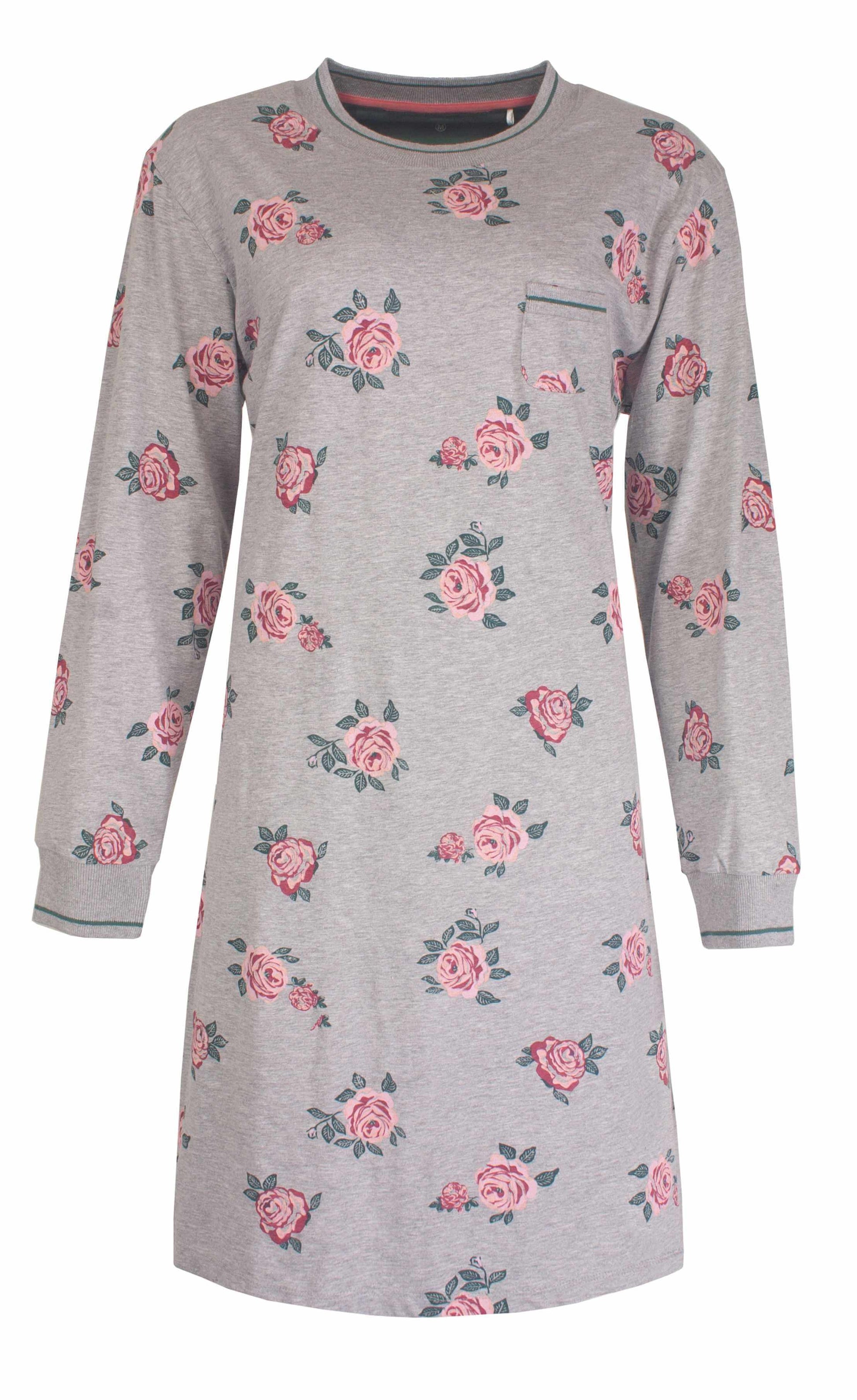 Grijs melange nachthemd met roze rozenprint, lange mouwen en ronde hals, gemaakt van katoen jersey