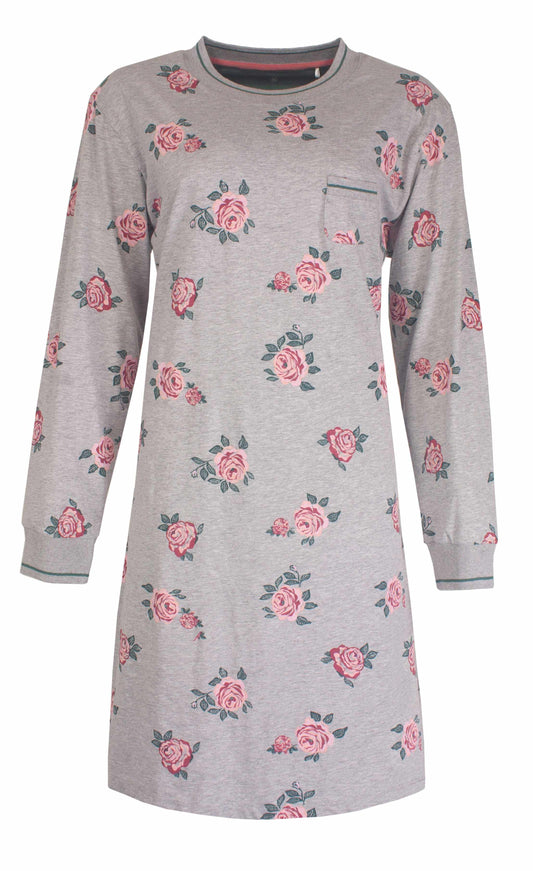Grijs melange nachthemd met roze rozenprint, lange mouwen en ronde hals, gemaakt van katoen jersey