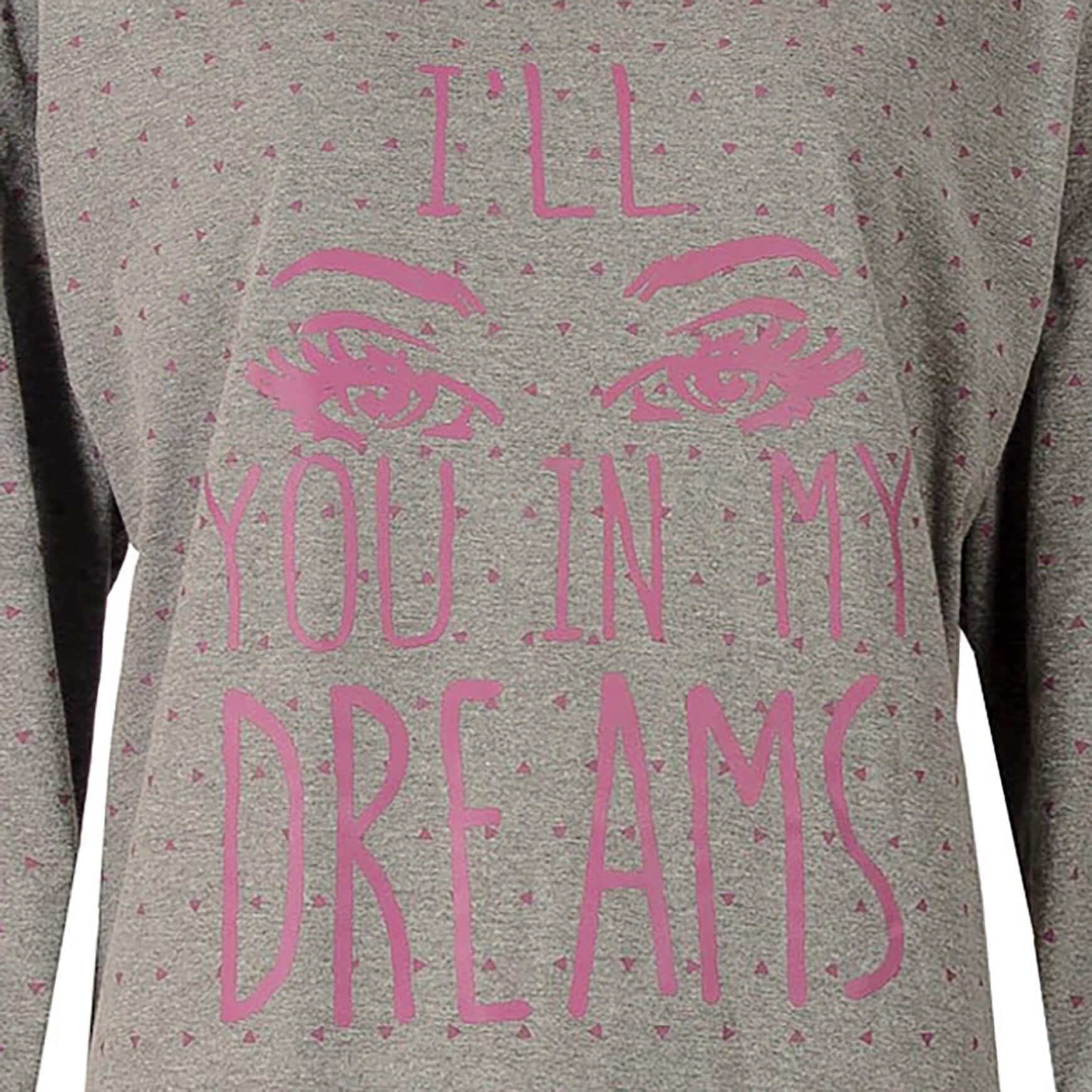 Grijs katoenen nachthemd met roze opdruk van ogen en tekst 'I'll you in my dreams' op de voorkant