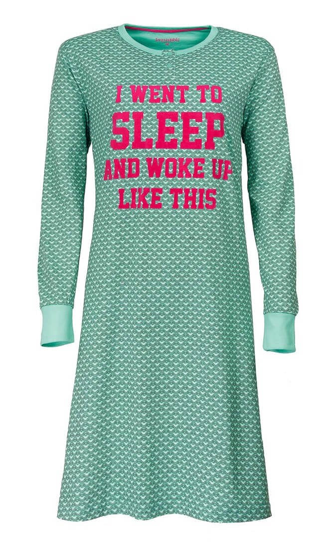 Groen nachthemd met roze tekst 'I went to sleep and woke up like this', lange mouwen en all-over print