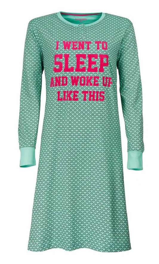 Groen nachthemd met roze tekst 'I went to sleep and woke up like this', lange mouwen en all-over print