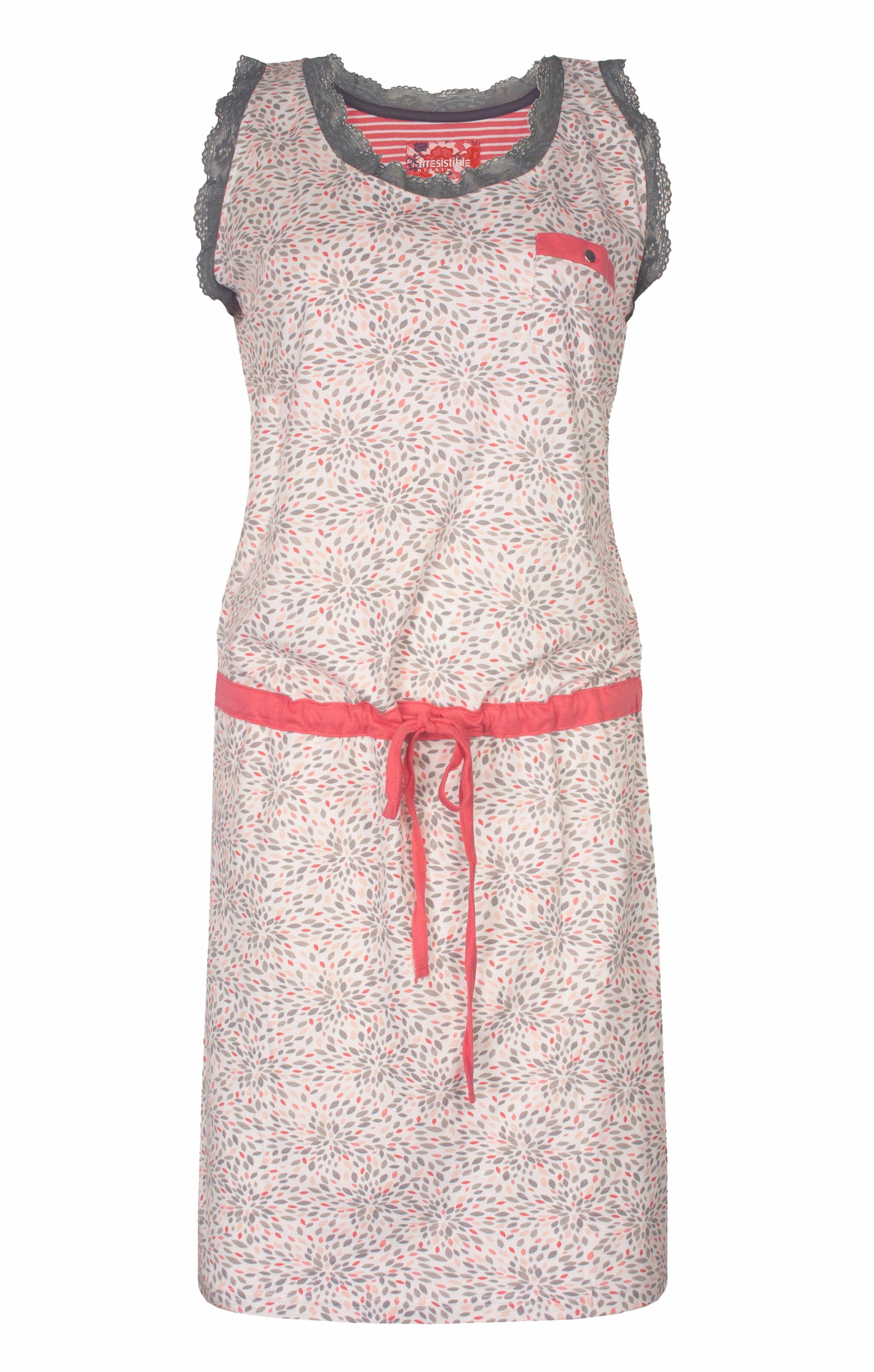 Beige dames nachthemd met bloemachtig patroon, kanten afwerking en aantrekkoord op de heup.