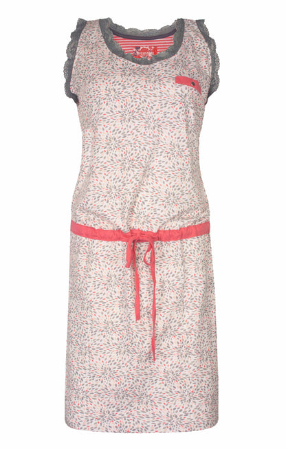 Beige dames nachthemd met bloemachtig patroon, kanten afwerking en aantrekkoord op de heup.