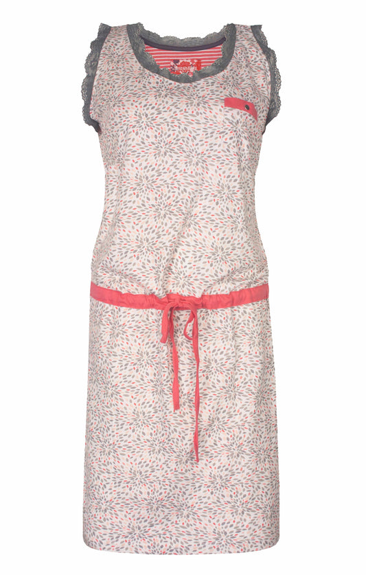 Beige dames nachthemd met bloemachtig patroon, kanten afwerking en aantrekkoord op de heup.