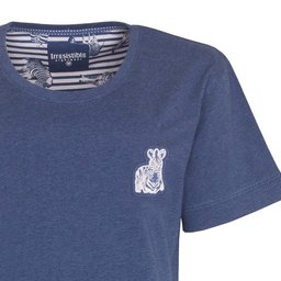 Blauw dames nachthemd met korte mouwen, ronde hals en kleine zebra applicatie op de borst.